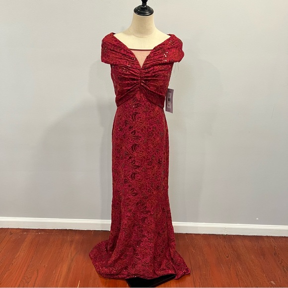 JS Collection Red Sequin Embellished Floral Lace Off Shoulders Mesh Neck Gown - Picture 1 of 16